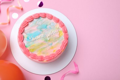 Photo of Cute bento cake with tasty cream and decor on pink background, flat lay. Space for text