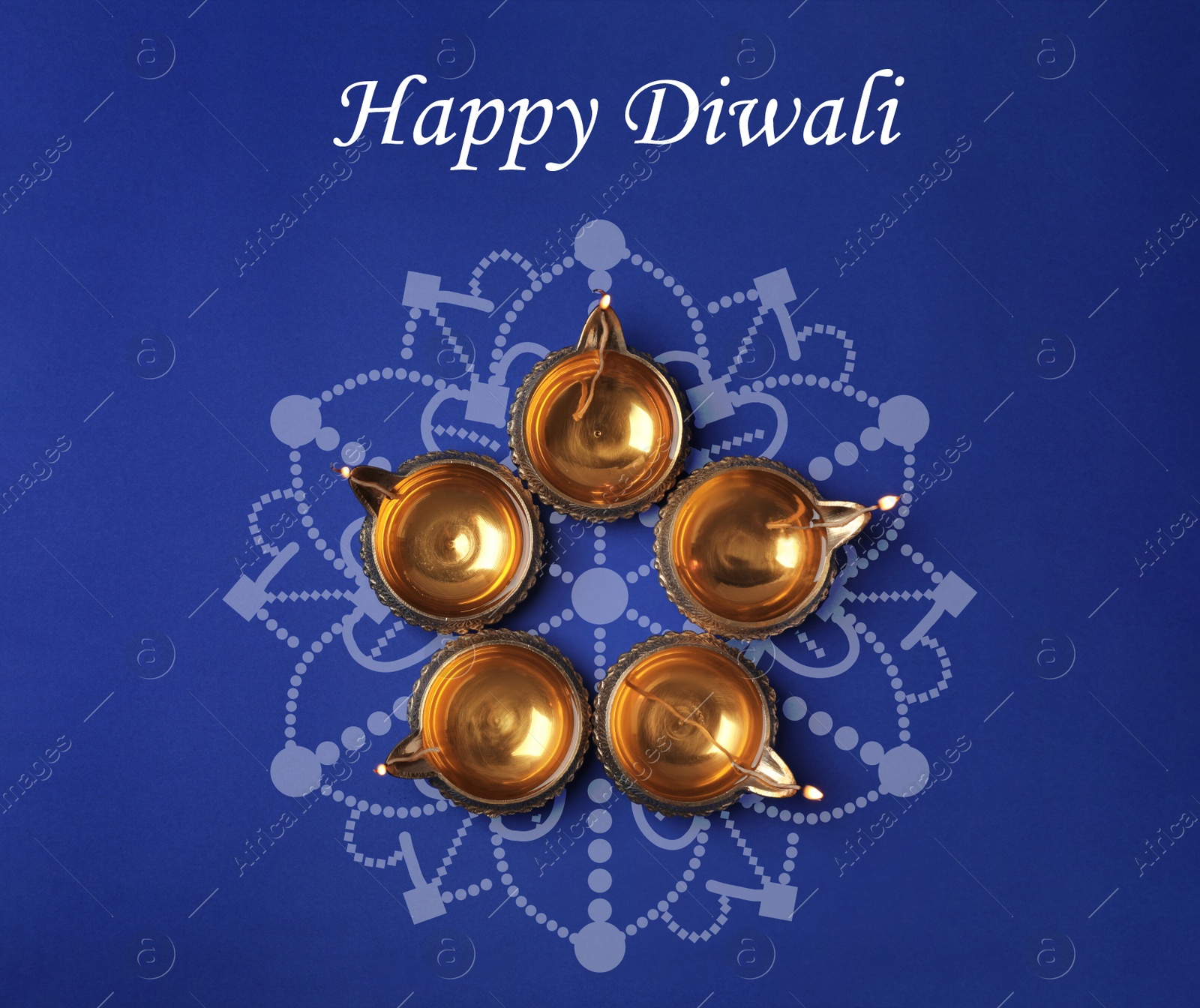 Image of Inscription Happy Diwali and clay lamps on color background, flat lay 