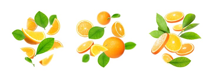 Image of Set of cut and whole oranges with green leaves flying on white background