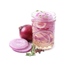 Jar of pickled onions isolated on white