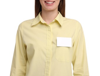 Photo of Woman with blank badge on white background, closeup