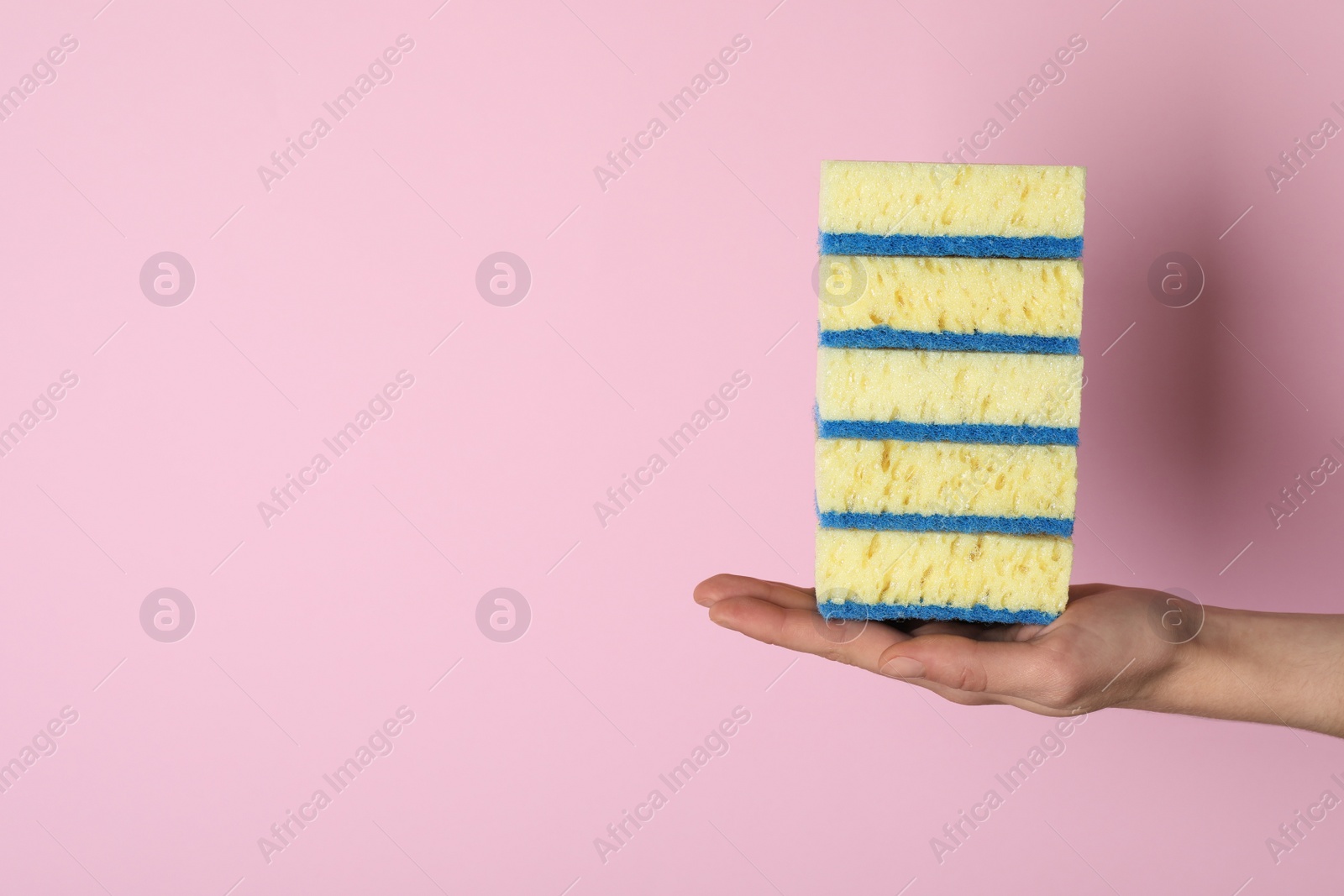 Photo of Woman holding sponges on pink background, closeup. Space for text