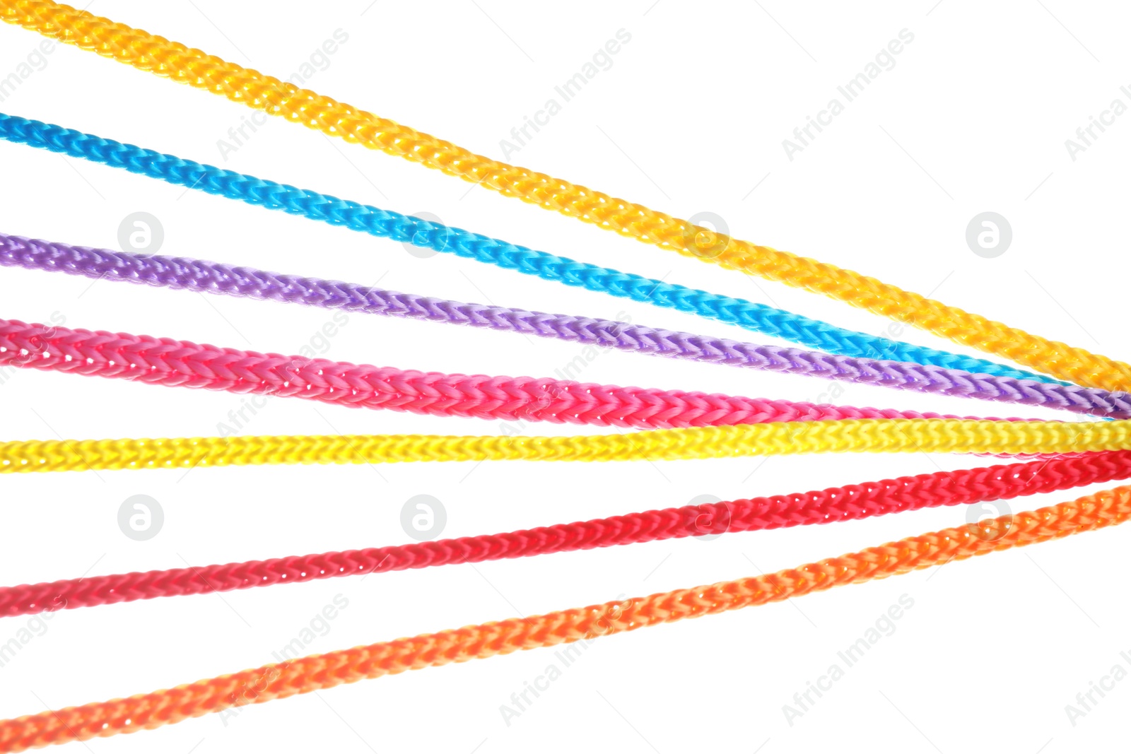 Photo of Colorful ropes bonding together isolated on white. Unity concept