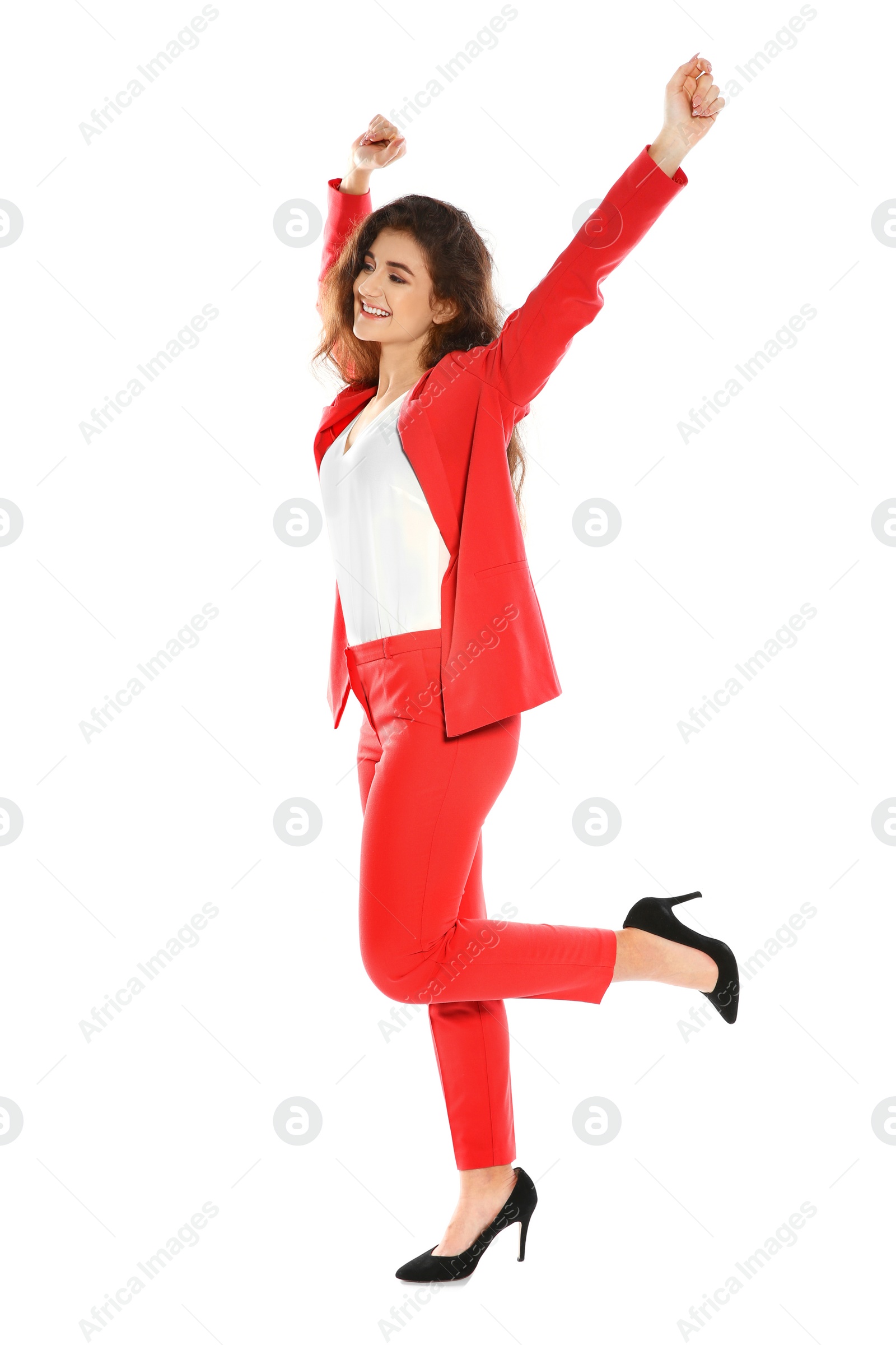 Photo of Beautiful young woman in stylish suit on white background