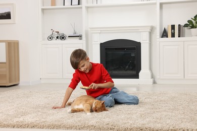 Photo of Little boy brushing cute ginger cat's fur on soft carpet at home