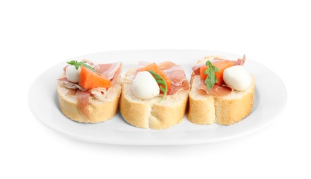 Photo of Sandwiches with fresh melon, prosciutto and mozzarella on white background