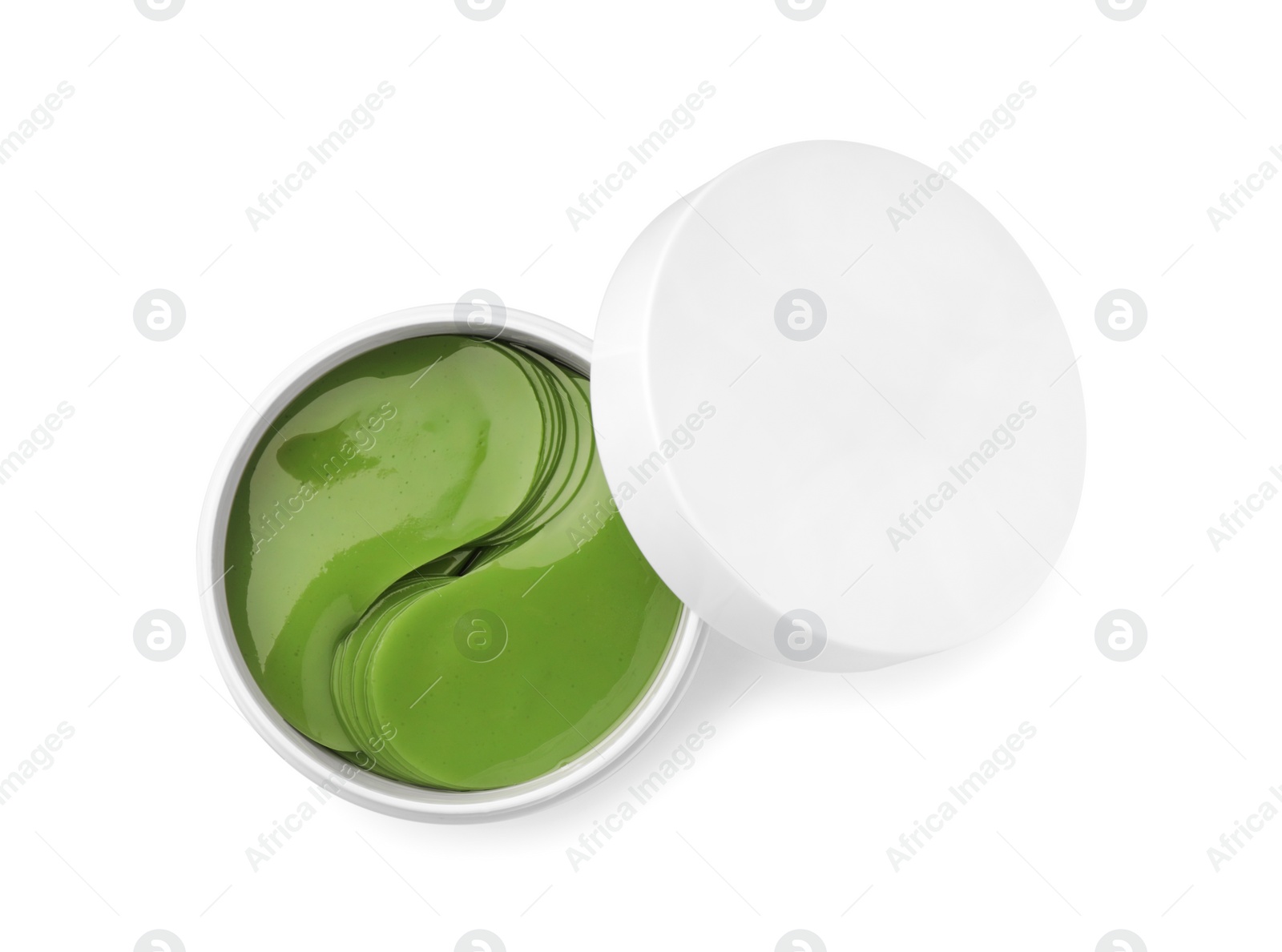 Photo of Jar of under eye patches isolated on white, top view. Cosmetic product