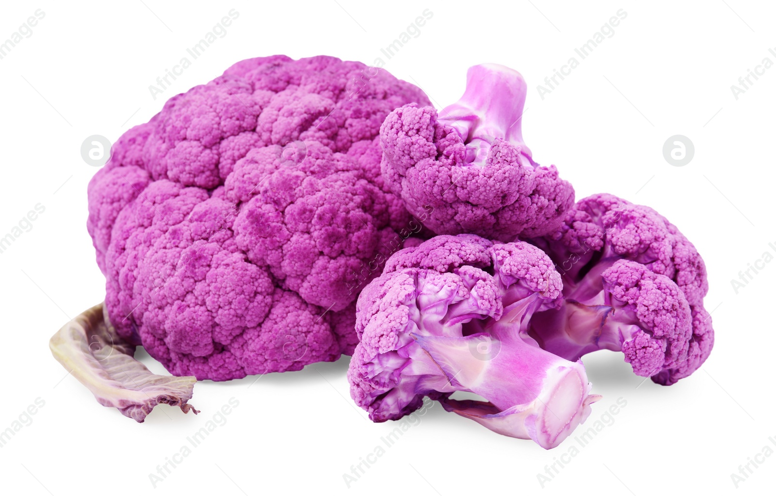 Photo of Cut purple cauliflowers on white background. Healthy food