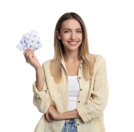 Photo of Happy young woman with disposable menstrual pads on white background