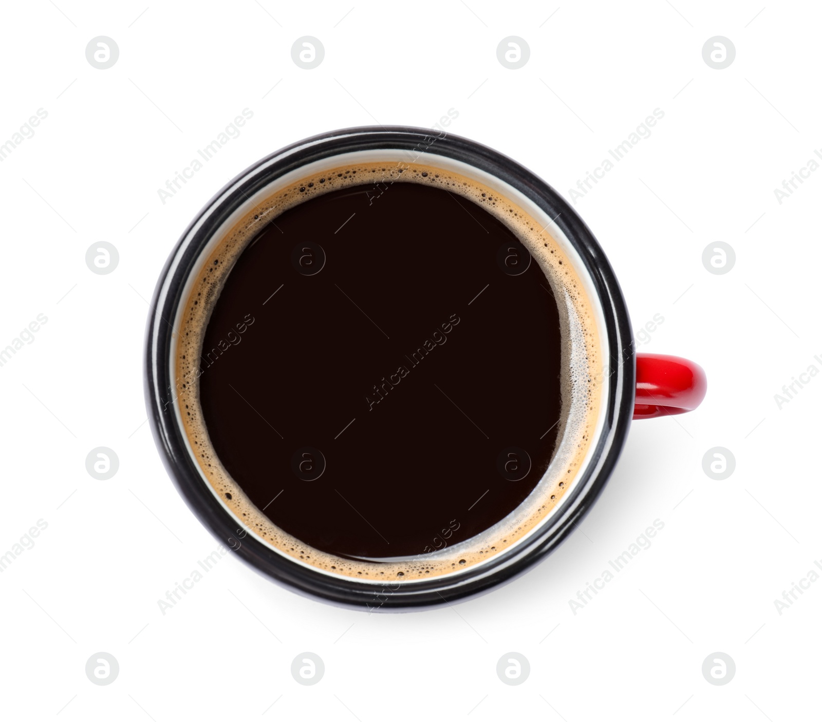 Photo of Aromatic coffee in cup isolated on white, top view