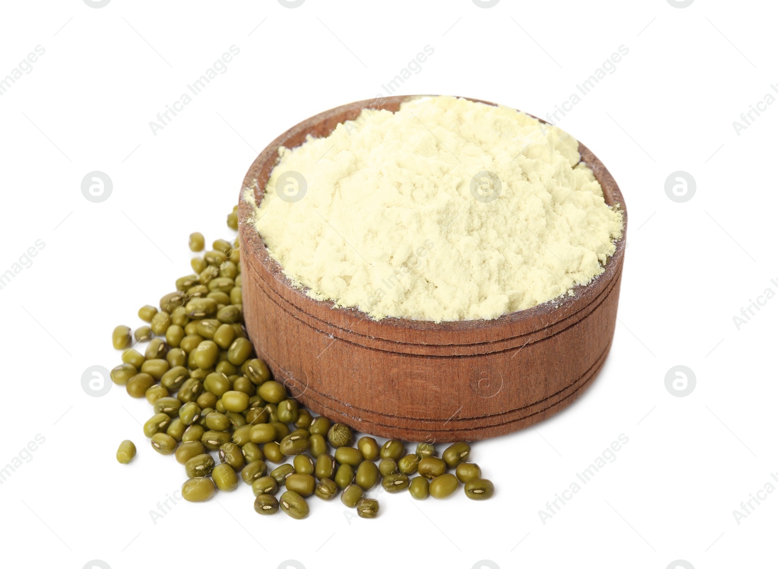 Photo of Mung bean flour in wooden bowl and seeds isolated on white