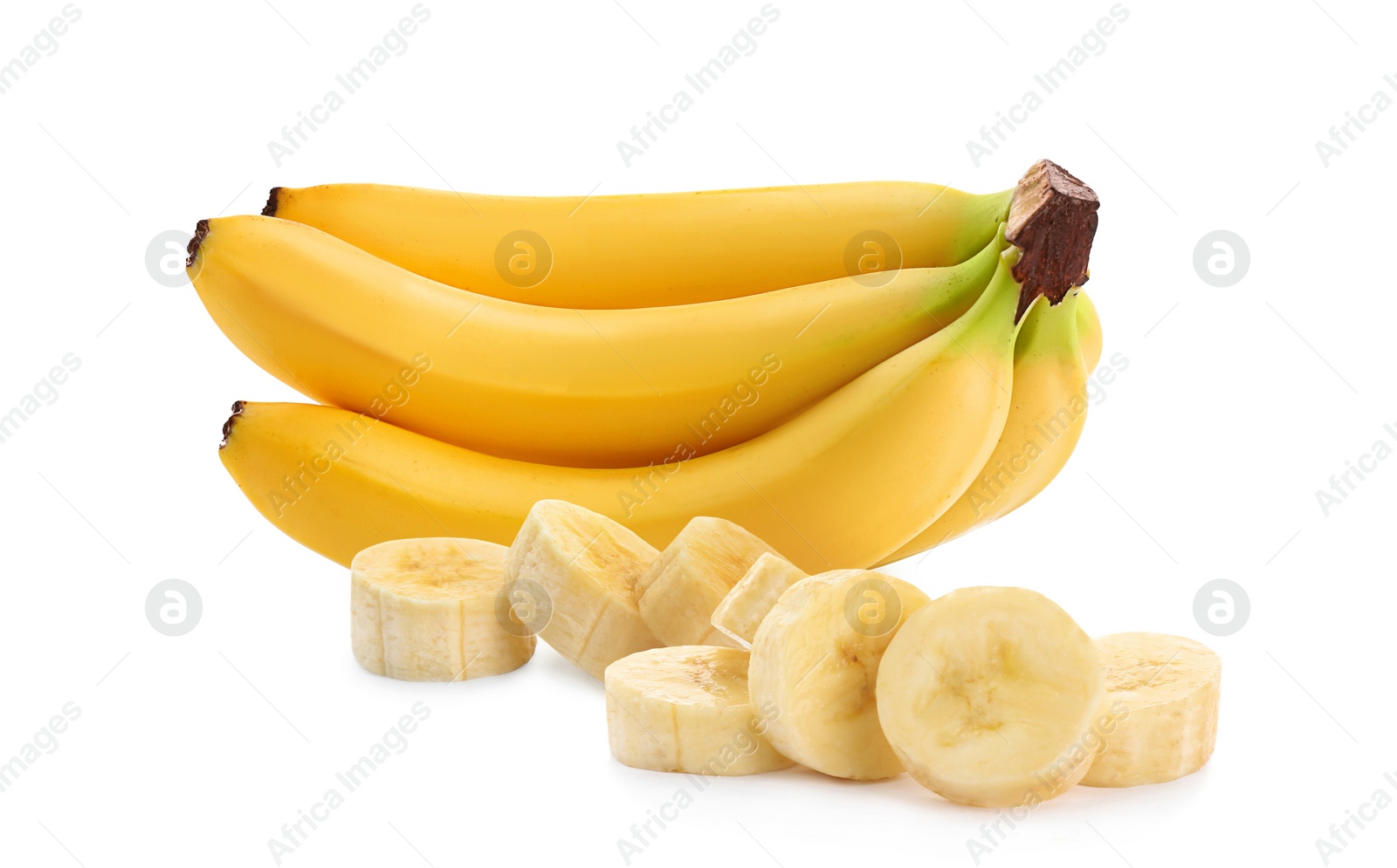 Image of Delicious ripe bananas and pieces on white background