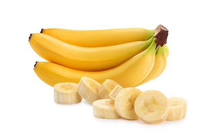 Image of Delicious ripe bananas and pieces on white background