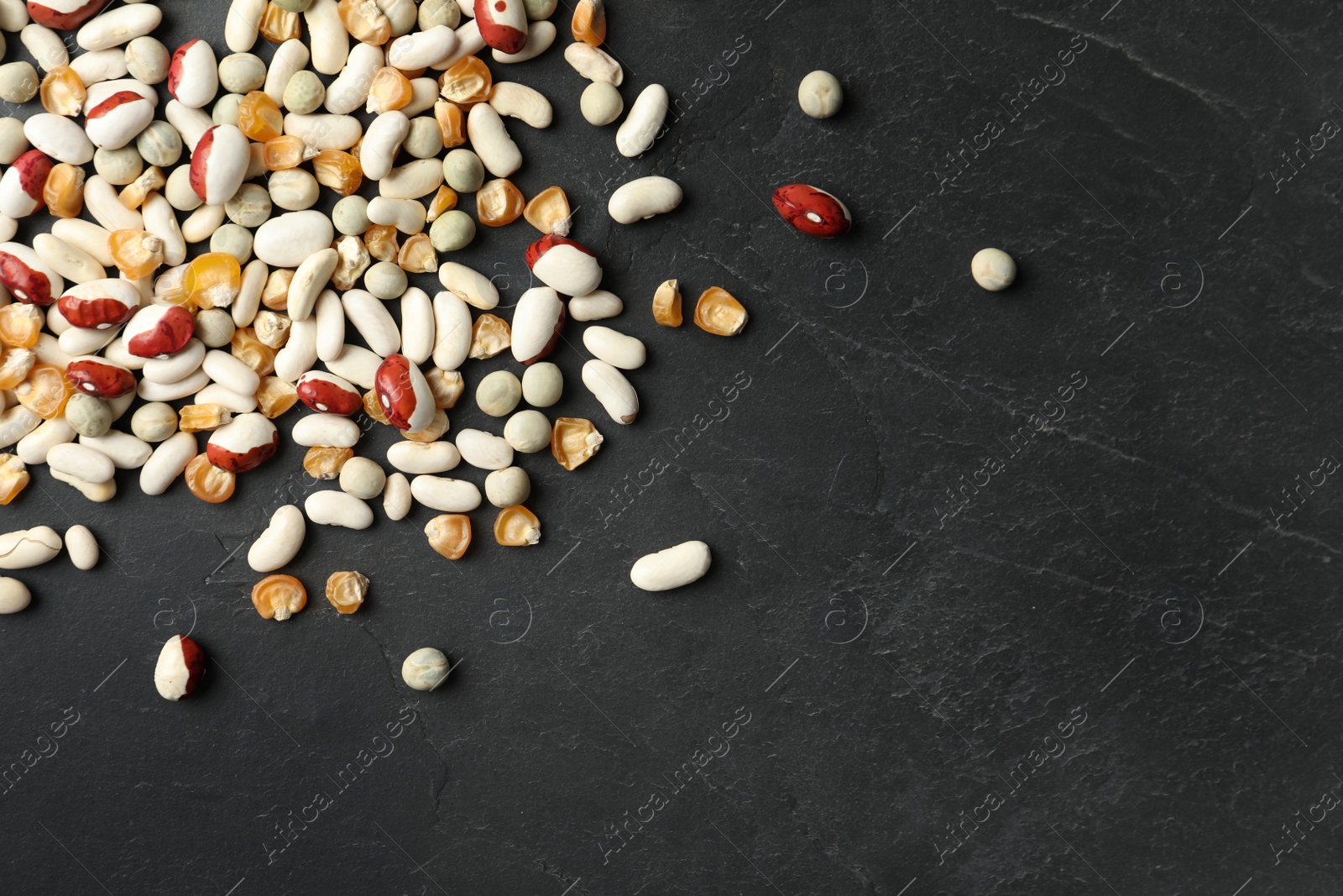 Photo of Mixed vegetable seeds on grey background, flat lay. Space for text