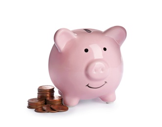 Photo of Cute piggy bank and coins on white background. Money saving concept