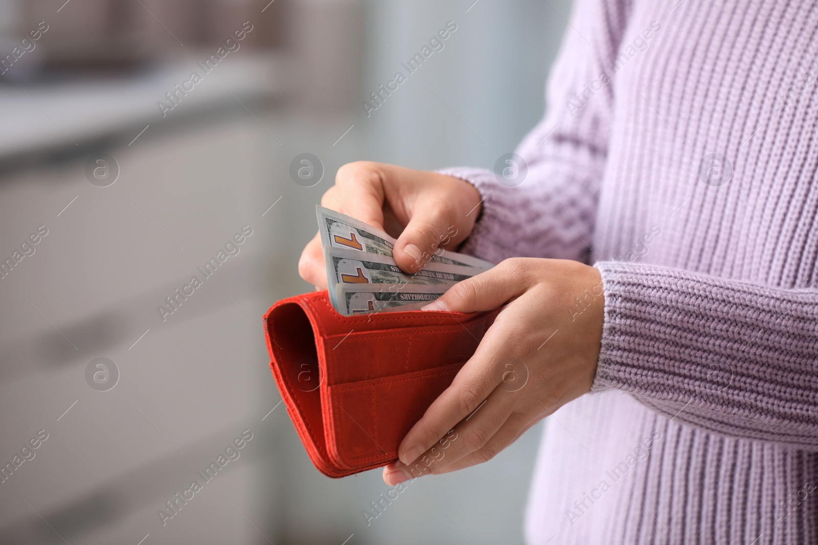 Photo of Woman with American money in wallet indoors, closeup