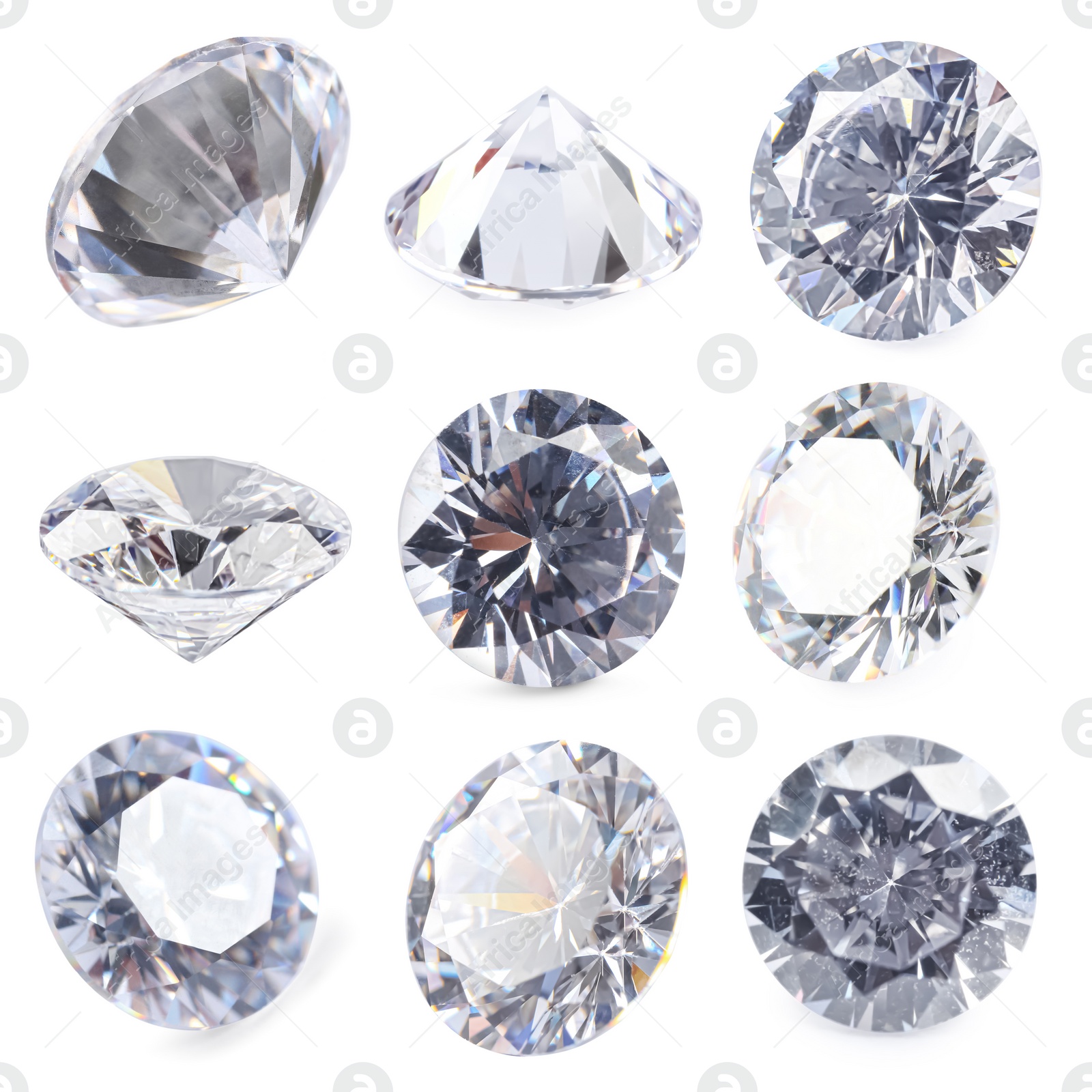 Image of Beautiful dazzling diamonds on white background, set