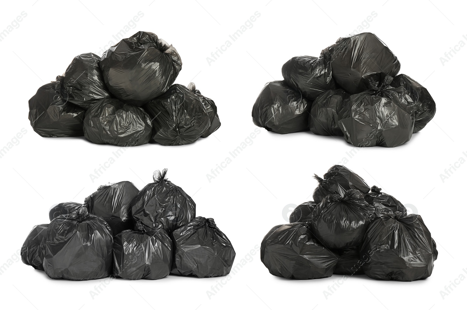 Image of Set with trash bags filled with garbage on white background 