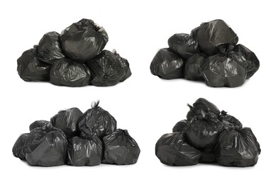 Set with trash bags filled with garbage on white background 