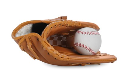 Photo of Leather baseball glove with ball isolated on white