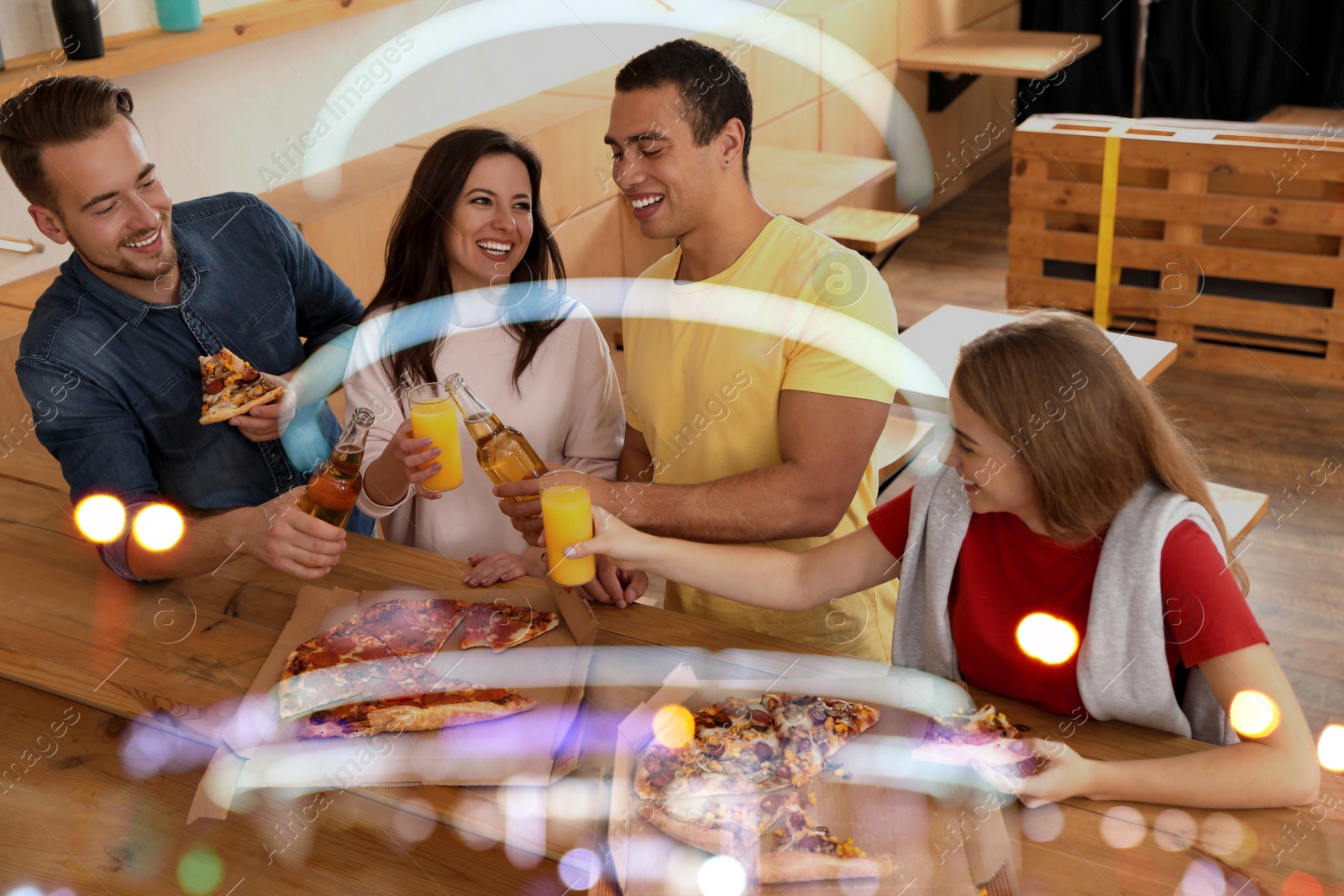 Image of Group of friends having fun party with delicious pizza in cafe, bokeh effect