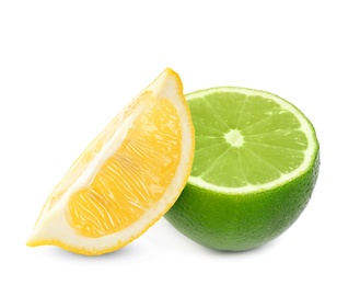 Image of Cut fresh lime and lemon on white background