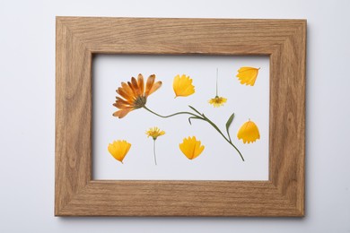 Photo of Frame with wild dried meadow flower and petals on white background, top view
