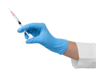 Doctor holding medical syringe on white background, closeup