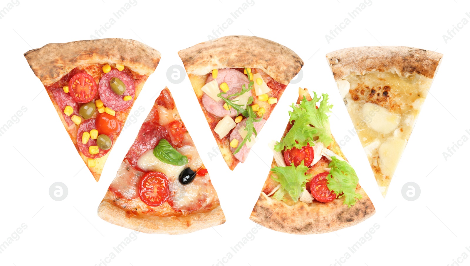 Image of Set with pieces of different pizzas on white background, top view
