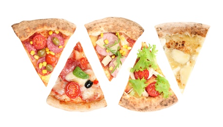 Image of Set with pieces of different pizzas on white background, top view