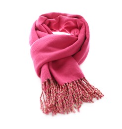 Photo of Pink scarf isolated on white. Stylish accessory