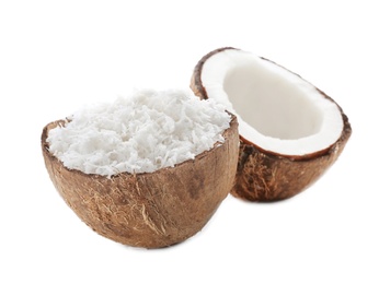Photo of Coconut with fresh flakes on white background