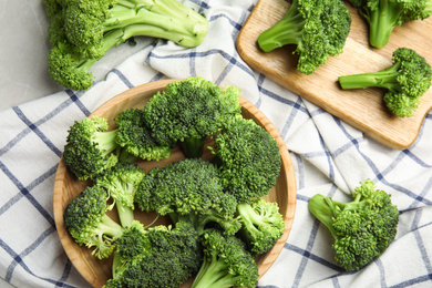 Photo of Fresh green broccoli on table, flat lay