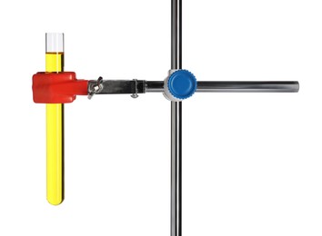 Photo of Retort stand with test tube of yellow liquid isolated on white