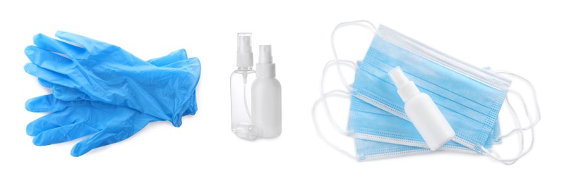 Image of Medical gloves, antiseptic and protective face masks on white background, collage. Banner design