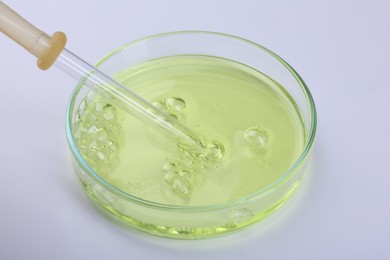 Photo of Petri dish with liquid sample and pipette on white background