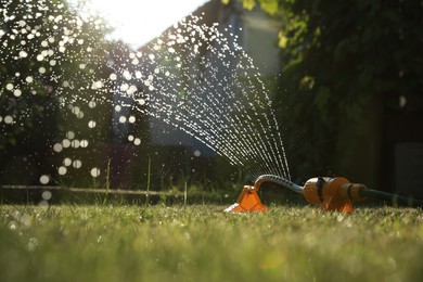Photo of Automatic sprinkler watering green grass on sunny day in garden. Irrigation system