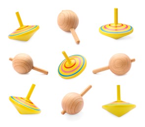 Image of Different spinning tops isolated on white. Toy whirligig