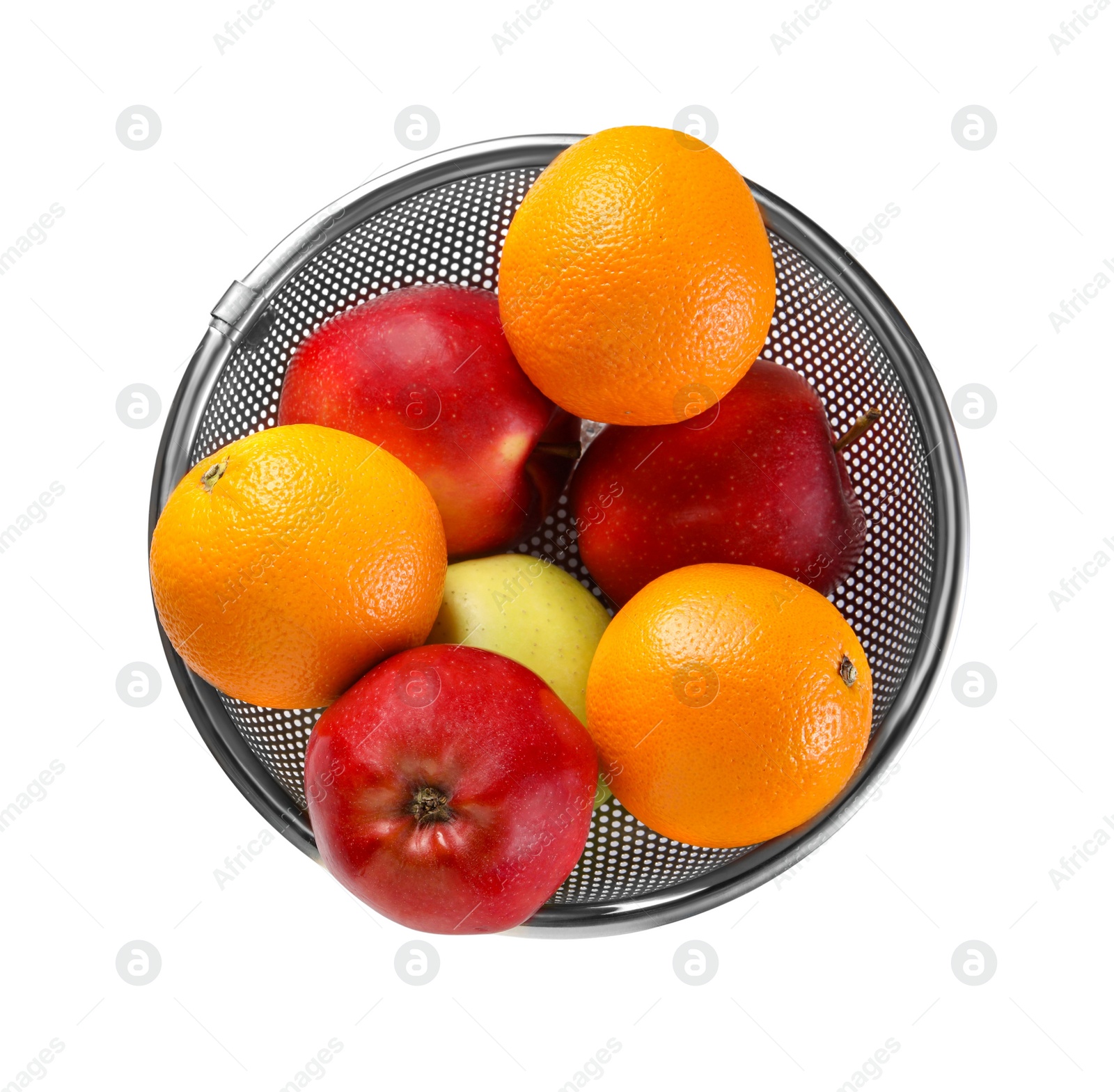 Photo of Colander with fresh fruits isolated on white, top view