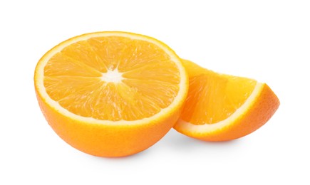 Photo of Cut fresh ripe orange isolated on white