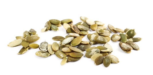 Photo of Raw peeled pumpkin seeds on white background