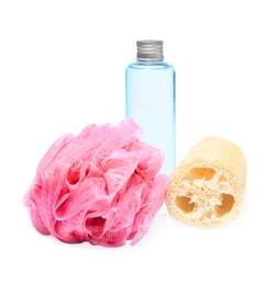 Photo of New shower puff, loofah sponge and bottle of cosmetic product on white background