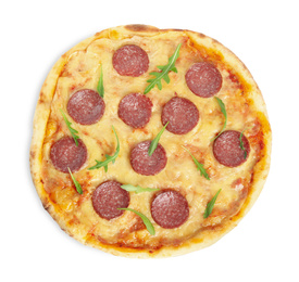 Photo of Tasty pepperoni pizza with arugula isolated on white, top view