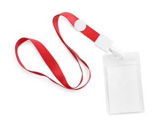 Photo of Blank badge with red string isolated on white, top view
