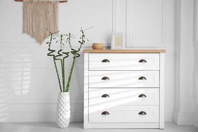 Photo of Vase with green bamboo stems near chest of drawers in room. Interior design