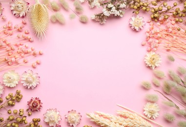 Photo of Frame of beautiful dried flowers on light pink background, flat lay. Space for text