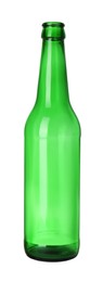 Photo of One empty green beer bottle isolated on white