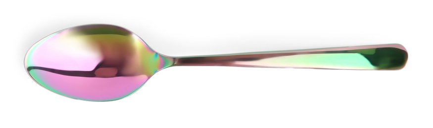Photo of Clean shiny spoon isolated on white, top view
