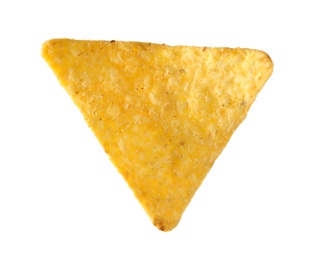 Photo of Tasty Mexican nacho chip on white background