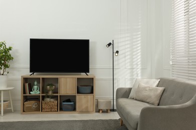 Photo of Modern TV on cabinet, sofa and beautiful houseplants indoors. Interior design